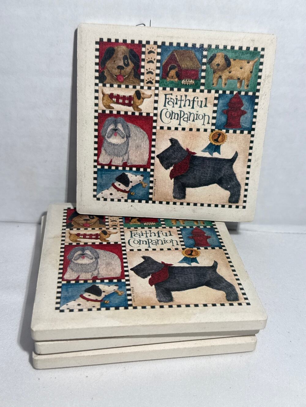 Faithful Friends Dog Tile Coasters Set of 4 Cork Back Country Folk Art